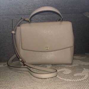 Tory Burch Emerson Leather Structured Satchel Crossbody Shoulder Bag French Grey